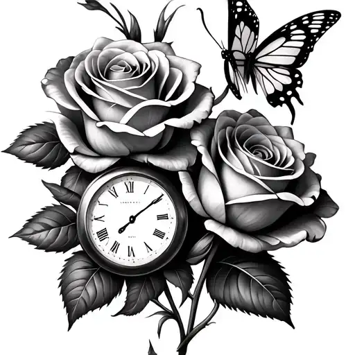 Two Roses With A Clock And A Butterfly On A Tulip