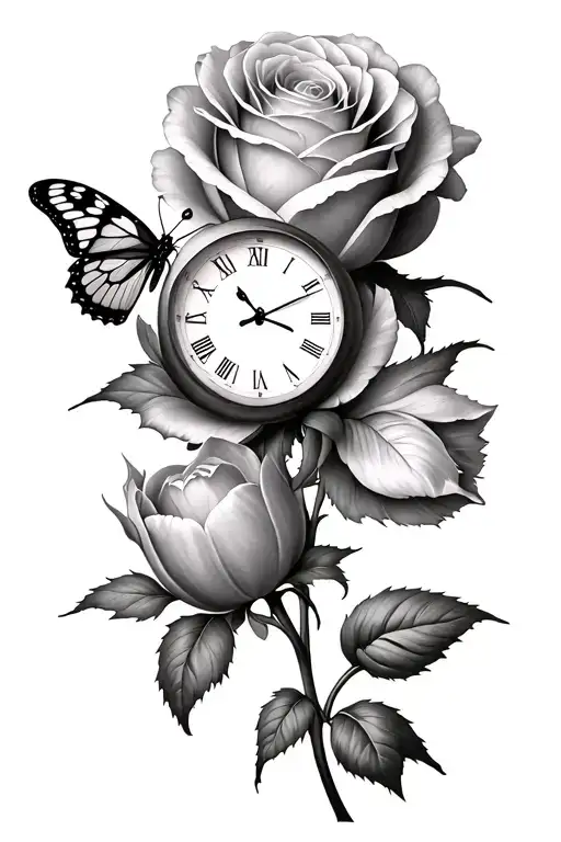 Two Roses With A Clock And A Butterfly On A Tulip
