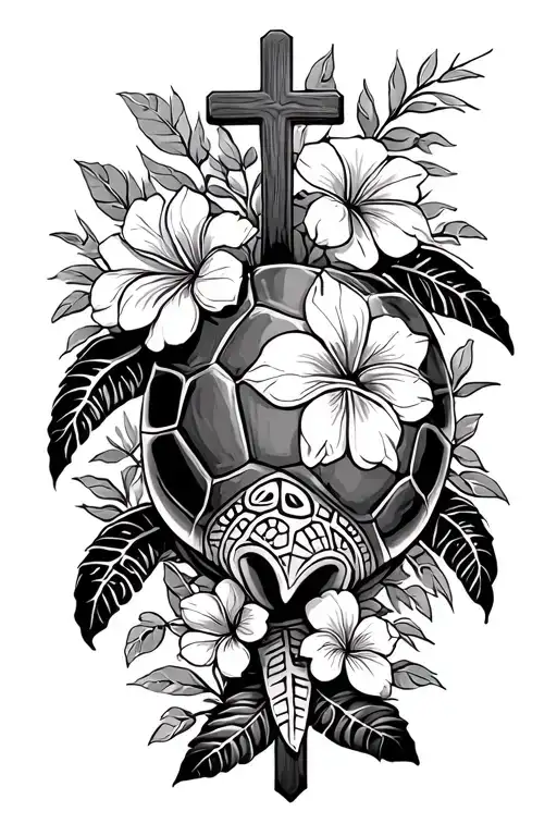 Hawaiian Turtle With Flowers And Vines And Jesus Cross