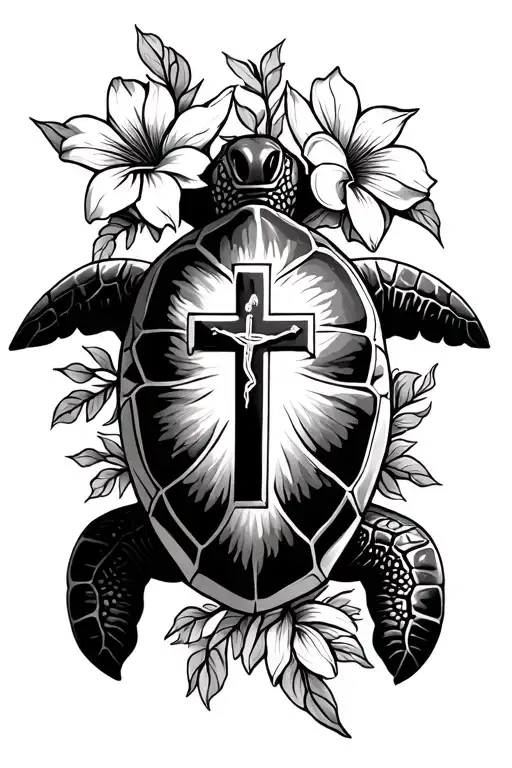 Hawaiian Turtle With Flowers And Vines And Jesus Cross On Its Shell