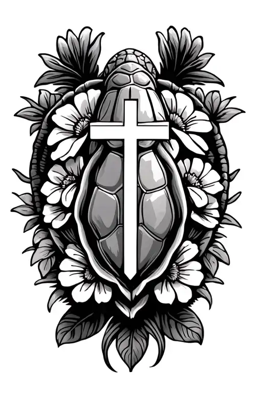 Hawaiian Turtle With Flowers And Vines And Jesus Cross On Its Shell