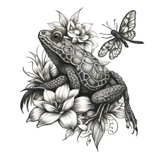 Woman Fine Line Frog Dragonfly Frog Flower Sea Turtle Water