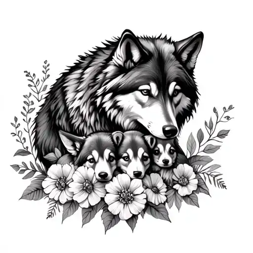 Mother Wolf With Two Pups And Flowers Intertwined