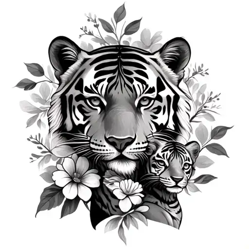 Mother Tiger With Two Pups And Flowers Intertwined