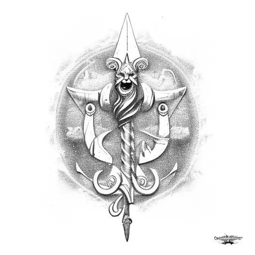 Poseidon Trident With A Ships Rudder And Ocean Waves