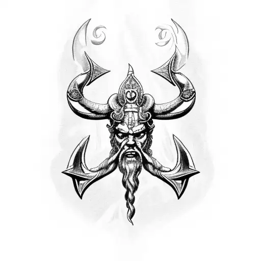 Poseidon Trident With A Rudder Behind It And Ocean Waves