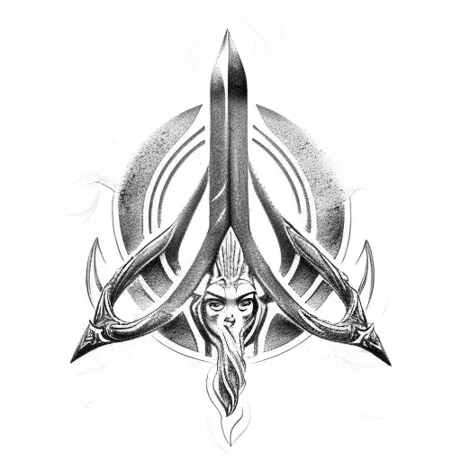 Trident Of Poseidon With A Rudder Behind It And Ocean Waves Involved