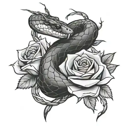 Snake Wrapped Around A Rose Stem With Thorns