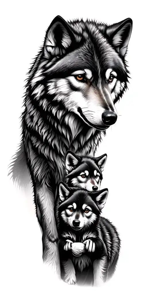 Wolf Family With 3 Cubs Playing