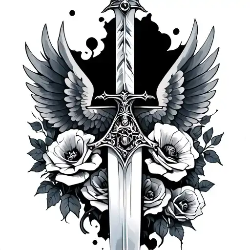 Sword In Angle Wings With Roses And Poppies