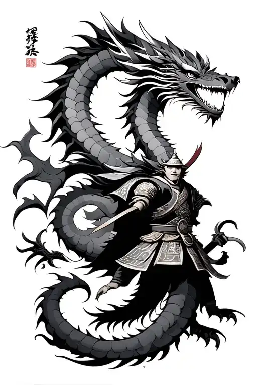 Japanese Fabula Dragon And Samurai Warrior