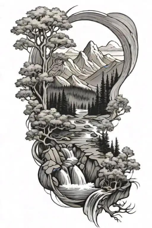 Mountain Scene With Trees And Stream Flowing