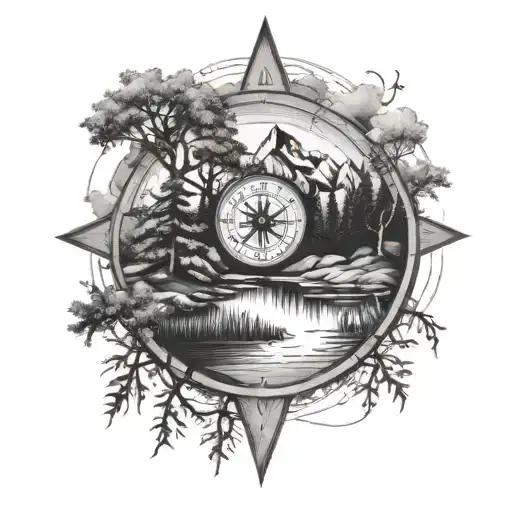 Trees With Lake And Mountain With A Compass And Cross