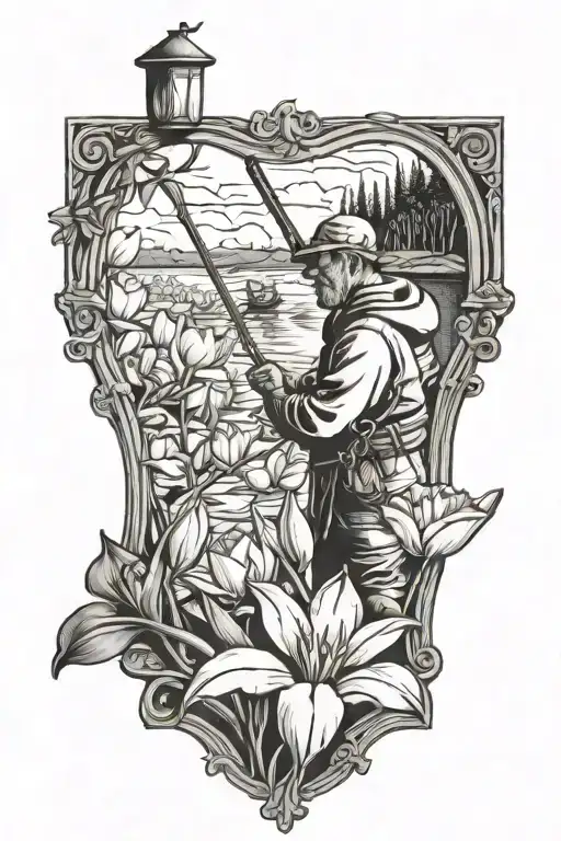 Window Overlooking Tulips With A Fisherman Casting A Line