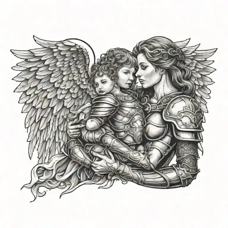 Strong Woman Angel Wearing Armor Protecting Her Baby