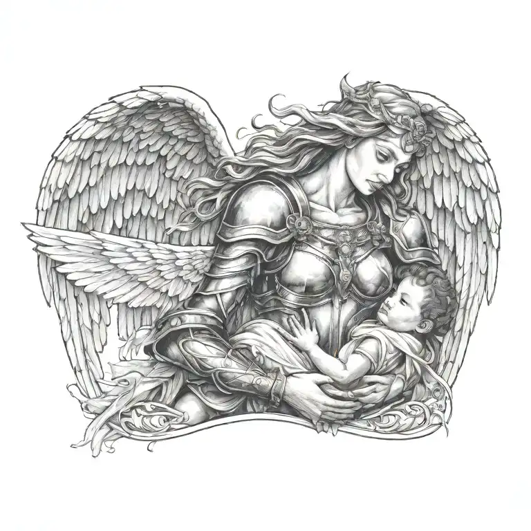 Strong Woman Angel Wearing Armor Protecting Her Baby