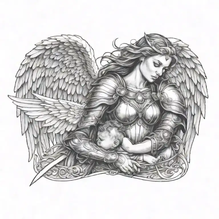 Strong Woman Angel Wearing Armor Protecting Her Baby