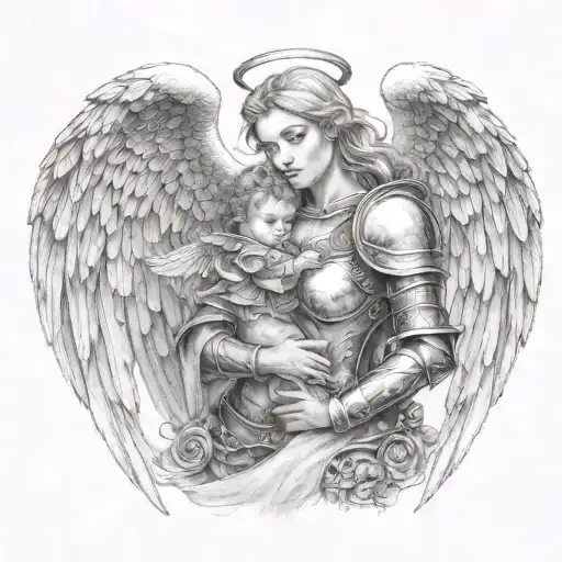 Gorgeous Angel Wearing Armor Holding Baby