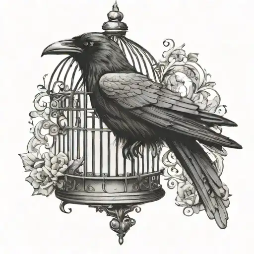 A Raven Perched Inside A Victorian Birdcage With The Door Open
