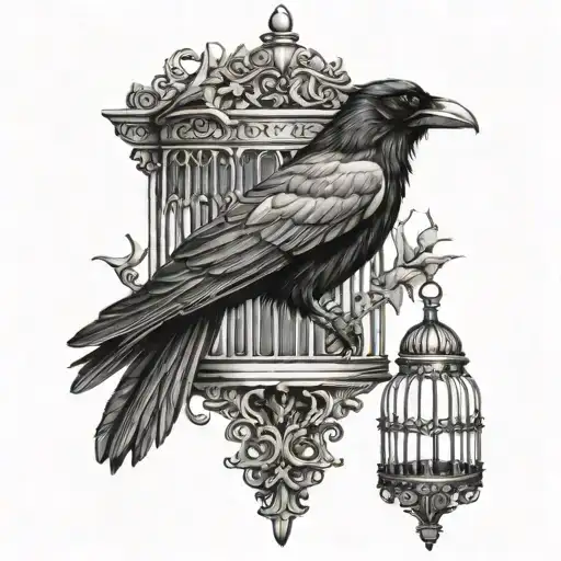 A Raven Perched Inside An Elongated Victorian Birdcage With The Door Open
