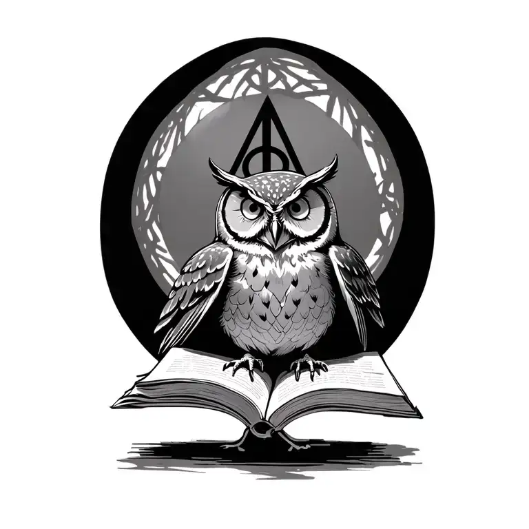 Owl Sitting On The Open Book Where The Sign Od Deathly Hallows Is