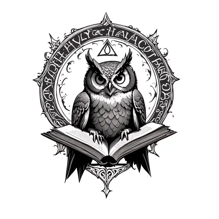 Owl Sitting On The Open Book Where The Sign Od Deathly Hallows On The List Is