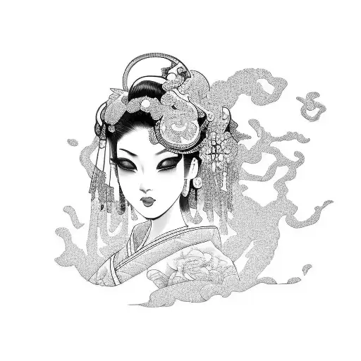 Tattoo Design Black And White Ilustrated Geisha With Japanese Style Background