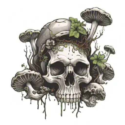 A Skull With Moss And Mushrooms Growing On It