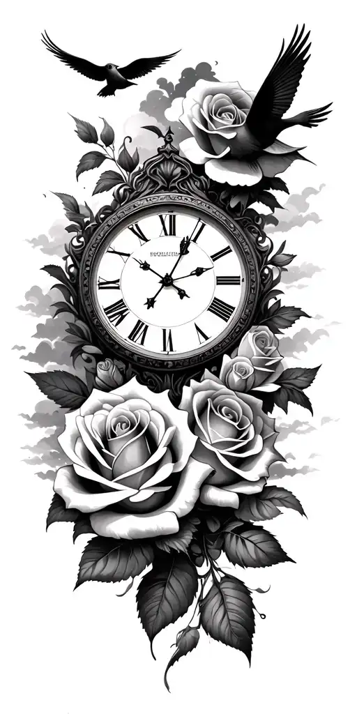 Clock Face And Rose And Sky And Birds And Zeus