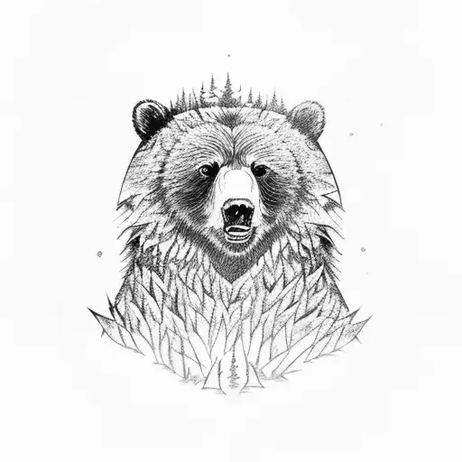 Angry Grizzly Head With Dark Forest Background