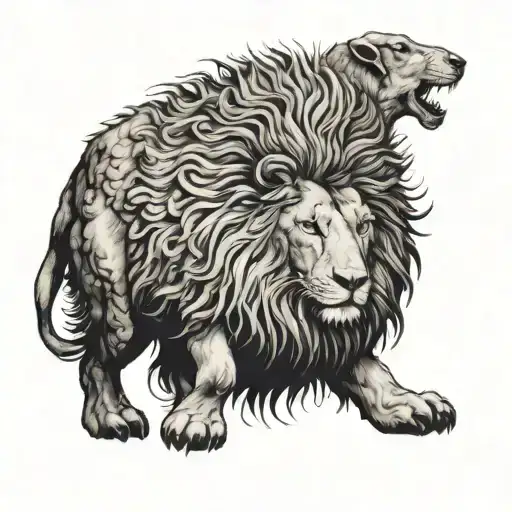 Flock Of Sheep Transforming Into A Lion Standing