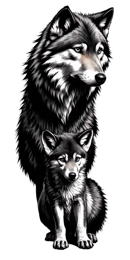Wolf And Cub Looking