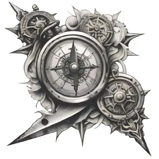 Broken Compass Combined With A Broken Clock With A Sword