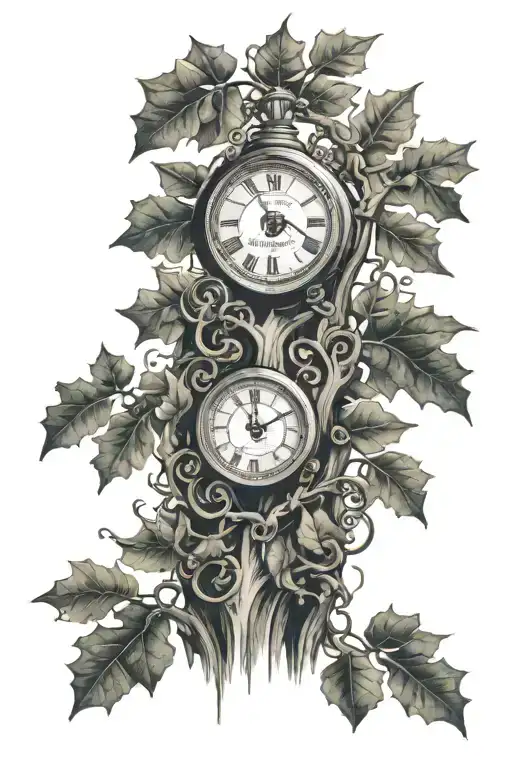 Oak Tree Branches With Three Clocks Integrated Into It For An Arm Sleeve
