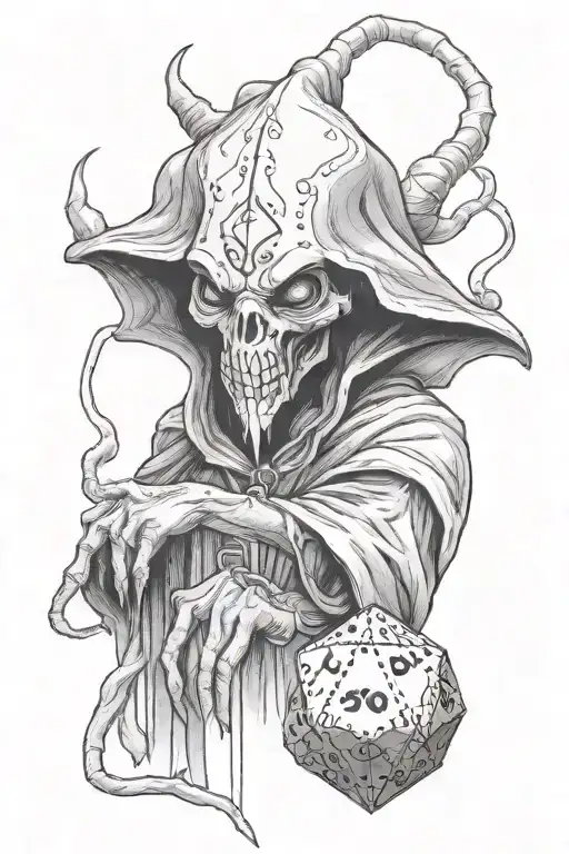 Sketch Style Tattoo Of A Mindflayer Holding A 20 Sided Dice