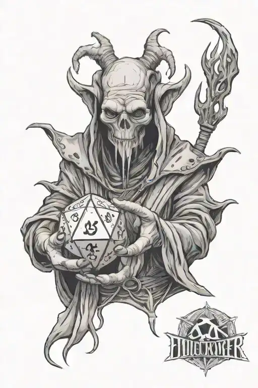 Sketch Style Tattoo With Rough Lines Of A Mindflayer Holding A 20 Sided Dice