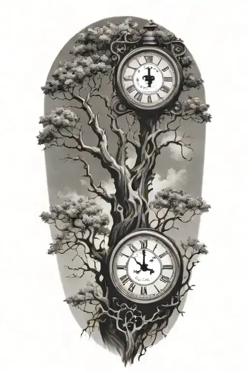 Oak Tree Branches With Three Clocks Integrated Into It For An Arm Sleeve