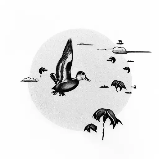 Smaller Flying Ducks With Grass And Sunset