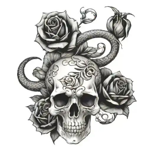 Gothic Skull And Snake With Roses Tattoo Thigh