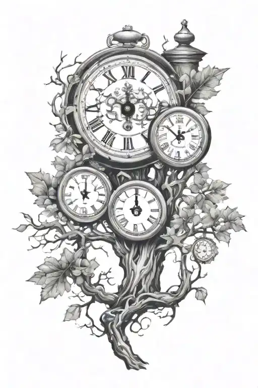 Oak Tree Branches With Three Clocks Integrated Into It For An Arm Sleeve