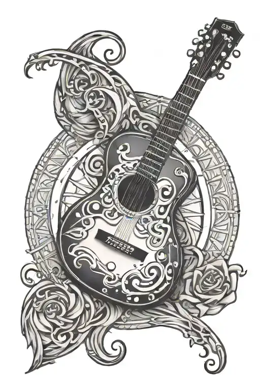 Simple Guitar With Zodiac Symbol And Moon Merging Together