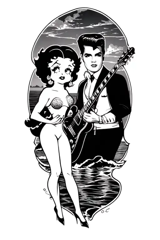 Betty Boop And Elvis Presley By Ocean At Sunset Background