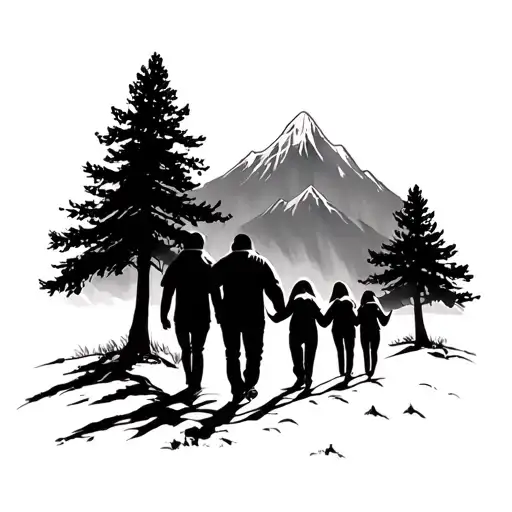 Family Of 4 Walking In Trees With Mountain