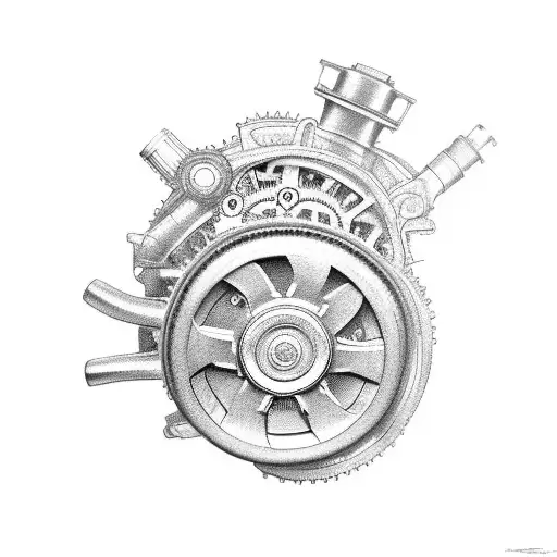 A Realistic Black And Grey Tattoo Of A Renault Engine With Gears And Pistons