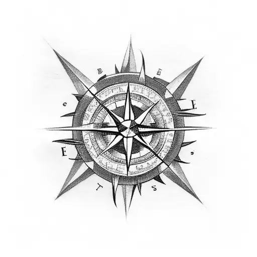 A Black-grey Tattoo Of A Compass Surrounded By Musical Instruments And Nature Elements