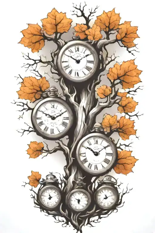 Oak Tree Branches With Three Clocks Integrated Into It For An Arm Sleeve