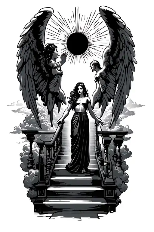 Stairway To Heaven Gates Angels Sun Rays Clouds Woman Holding Hands
