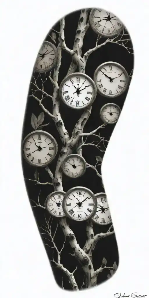 Birch Tree Branches With Three Clocks Integrated Into It For An Arm Sleeve