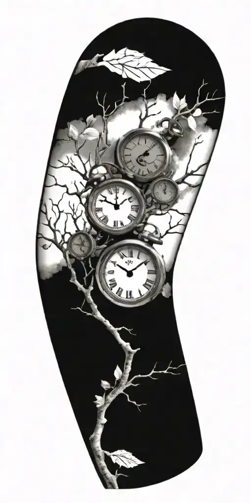 Birch Tree Branches With Three Clocks Integrated Into It For An Arm Sleeve