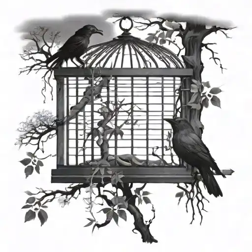 Caged Raven Hanging From A Tree With A Prowling Wolf In Front Of It